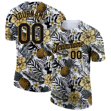 Custom Black Old Gold 3D Pattern Design Tropical Plant And Pineapples Performance T-Shirt