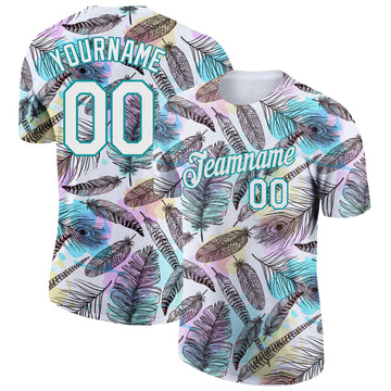 Custom White Teal 3D Pattern Design Feathers Performance T-Shirt