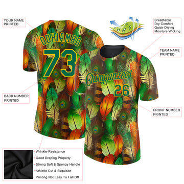 Custom Black Kelly Green-Yellow Feathers 3D Pattern Design Feathers Performance T-Shirt
