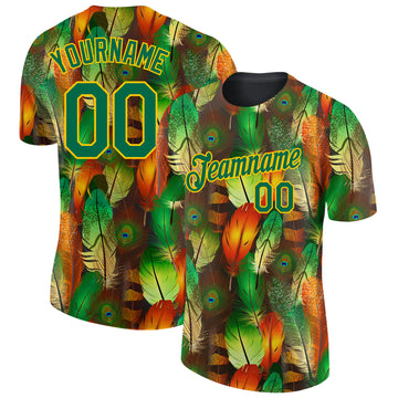 Custom Black Kelly Green-Yellow Feathers 3D Pattern Design Feathers Performance T-Shirt