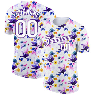 Custom White Purple 3D Pattern Design Tropical Hawaii Flower With Bird Performance T-Shirt
