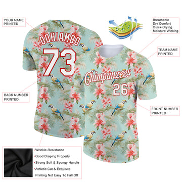 Custom Teal White-Red 3D Pattern Design Tropical Hawaii Flower With Bird Performance T-Shirt
