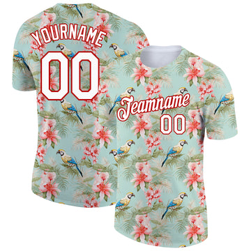 Custom Teal White-Red 3D Pattern Design Tropical Hawaii Flower With Bird Performance T-Shirt