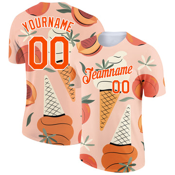Custom Medium Pink Orange-White 3D Pattern Design Summer Holiday Ice Cream And Fruit Performance T-Shirt