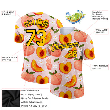 Custom Medium Pink Gold-Black 3D Pattern Design Summer Holiday Peach Performance T-Shirt