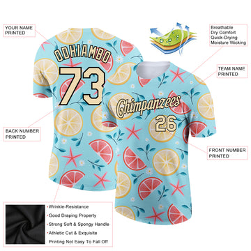 Custom Sky Blue City Cream-Black 3D Pattern Design Summer Holiday Fruit And Flower Performance T-Shirt