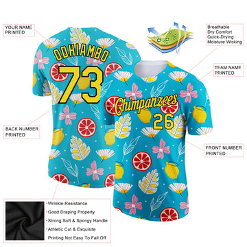 Custom Sky Blue Neon Yellow-Black 3D Pattern Design Summer Holiday Flower And Fruit Performance T-Shirt