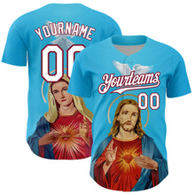 Charger l&#39;image dans la galerie, Custom Sky Blue White-Maroon 3D Pattern Design Religion Jesus Christ And Virgin Mary Authentic Baseball Jersey
