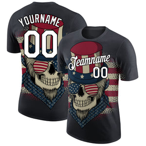 Custom Navy White-Black 3D Skull With American Flag Performance T-Shirt