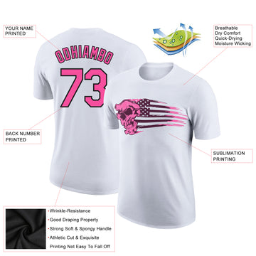 Custom White Pink-Black 3D Skull With American Flag Performance T-Shirt