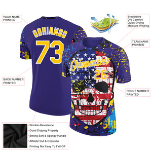 Custom Dark Purple Yellow-White 3D Skull With American Flag Performance T-Shirt