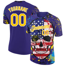 Load image into Gallery viewer, Custom Dark Purple Yellow-White 3D Skull With American Flag Performance T-Shirt
