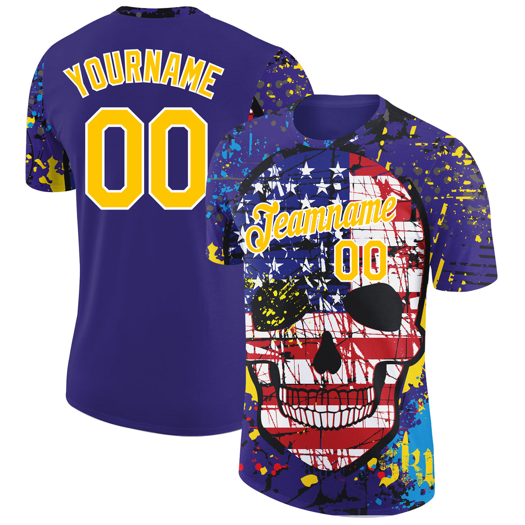 Custom Dark Purple Yellow-White 3D Skull With American Flag Performance T-Shirt