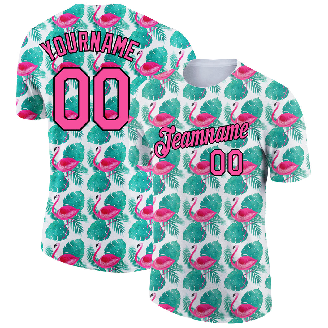 Custom White Pink-Black 3D Pattern Design Tropical Hawaii Flamingo Performance T-Shirt