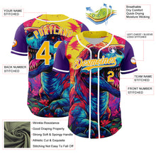 Load image into Gallery viewer, Custom Purple Gold-White 3D Pattern Design Rave T Rex Authentic Baseball Jersey
