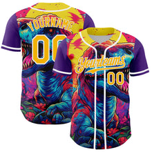 Load image into Gallery viewer, Custom Purple Gold-White 3D Pattern Design Rave T Rex Authentic Baseball Jersey
