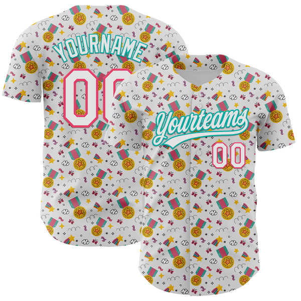 2024 Cheap Custom White Neon Pink Aqua 3D Pattern Design Champion Medal Authentic Baseball Jersey Free Shipping CustomJerseysPro