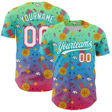 Load image into Gallery viewer, Custom Pea Green Neon Pink Aqua-Sky Blue 3D Pattern Design Champion Medal Authentic Baseball Jersey
