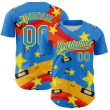 Load image into Gallery viewer, Custom Electric Blue Light Yellow 3D Pattern Design Champion Trophy Authentic Baseball Jersey

