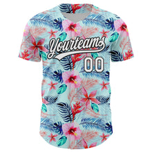 Загрузить изображение в средство просмотра галереи, Custom Ice Blue White-Black 3D Hawaii Tropical Palm Leaves And Flower Authentic Baseball Jersey
