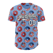 Загрузить изображение в средство просмотра галереи, Custom Light Blue White-Black 3D Pattern Design USA Flag Foodie Food Dessert Donut Authentic Baseball Jersey
