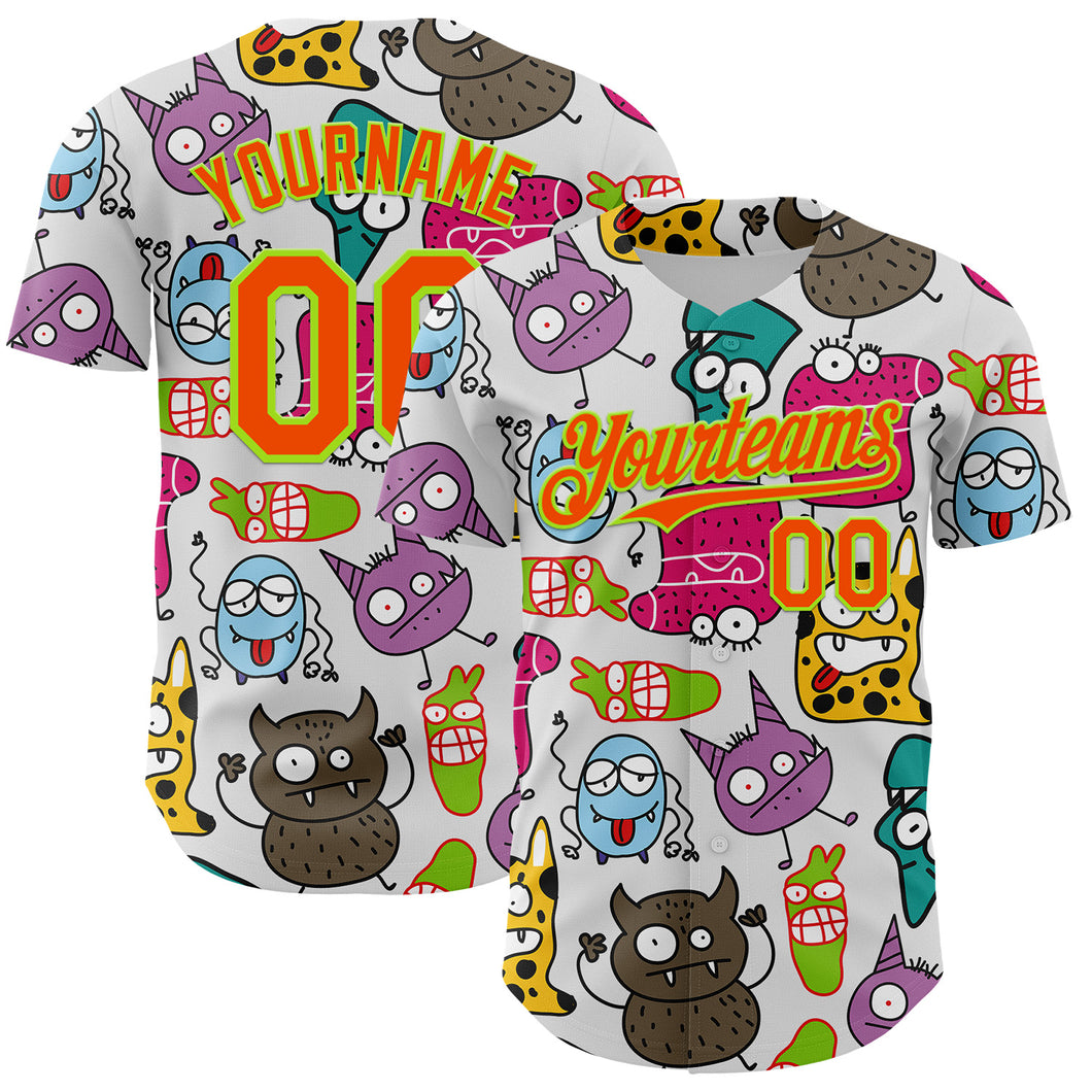 Custom White Orange-Neon Green 3D Pattern Design Funny Cartoon Monster Authentic Baseball Jersey