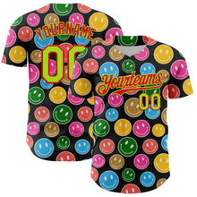 Charger l&#39;image dans la galerie, Custom Black Neon Green-Fire Red 3D Pattern Design Funny Cartoon Emoji Smile Face Authentic Baseball Jersey
