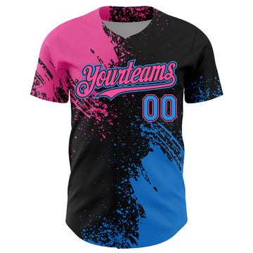 Custom Pink Electric Blue-Black 3D Pattern Design Abstract Brush Stroke Authentic Baseball Jersey