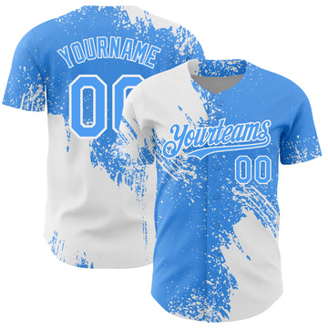Custom White Electric Blue 3D Pattern Design Abstract Brush Stroke Authentic Baseball Jersey