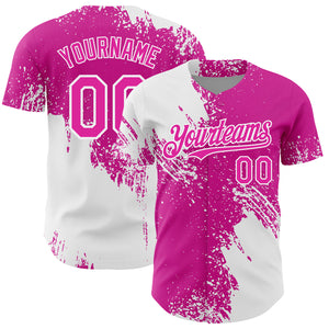Custom White Deep Pink 3D Pattern Design Abstract Brush Stroke Authentic Baseball Jersey