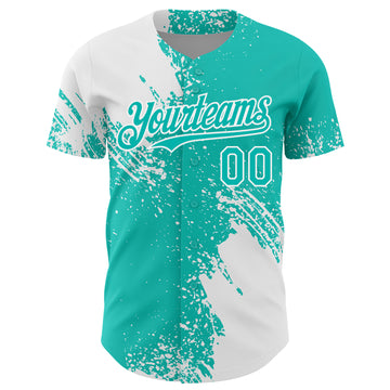 Custom White Aqua 3D Pattern Design Abstract Brush Stroke Authentic Baseball Jersey