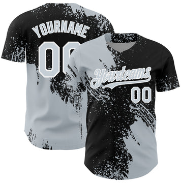 Custom Silver Black-White 3D Pattern Design Abstract Brush Stroke Authentic Baseball Jersey