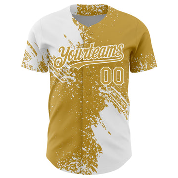 Custom White Old Gold 3D Pattern Design Abstract Brush Stroke Authentic Baseball Jersey
