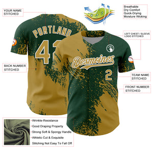 Custom Old Gold Green-White 3D Pattern Design Abstract Brush Stroke Authentic Baseball Jersey