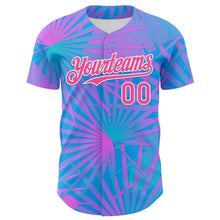 Загрузить изображение в средство просмотра галереи, Custom Electric Blue Pink-White 3D Pattern Design Rave Psychedelic Tropical Palm Leaves Authentic Baseball Jersey
