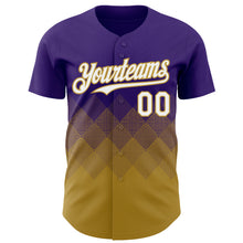 Laden Sie das Bild in den Galerie-Viewer, Custom Purple White-Old Gold 3D Gradient Square Shape Authentic Baseball Jersey
