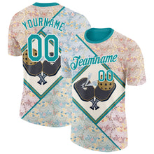Laden Sie das Bild in den Galerie-Viewer, Custom Cream Teal-White 3D Pickleball Paddles Balls Floral Performance T-Shirt
