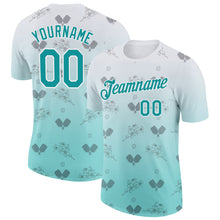 Laden Sie das Bild in den Galerie-Viewer, Custom Blue Teal-White 3D Gradient Pickleball Paddles Balls Floral Performance T-Shirt
