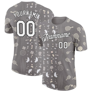 Custom Gray White-Black 3D Pickleball Paddles Balls Floral Performance T-Shirt