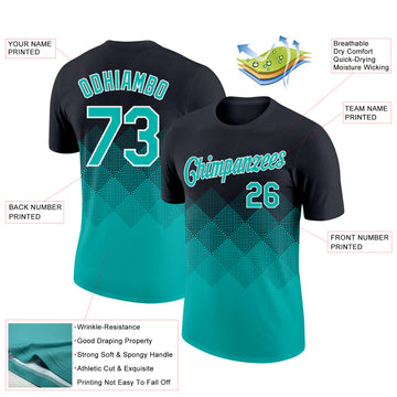 Custom Black Aqua-White 3D Pattern Design Gradient Square Shapes Performance T-Shirt