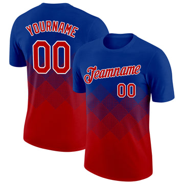 Custom Royal Red-White 3D Pattern Design Gradient Square Shapes Performance T-Shirt