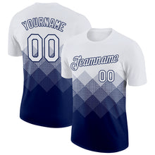 Load image into Gallery viewer, Custom White Navy 3D Pattern Design Gradient Square Shapes Performance T-Shirt
