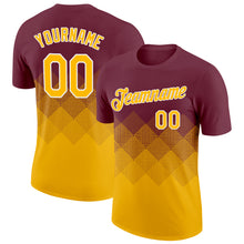 Load image into Gallery viewer, Custom Burgundy Gold-White 3D Pattern Design Gradient Square Shapes Performance T-Shirt
