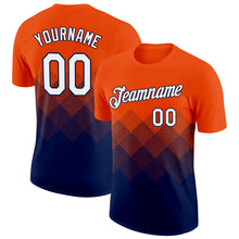 Загрузить изображение в средство просмотра галереи, Custom Orange White-Navy 3D Pattern Design Gradient Square Shapes Performance T-Shirt
