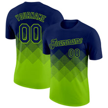 Laden Sie das Bild in den Galerie-Viewer, Custom Navy Neon Green 3D Pattern Design Gradient Square Shapes Performance T-Shirt
