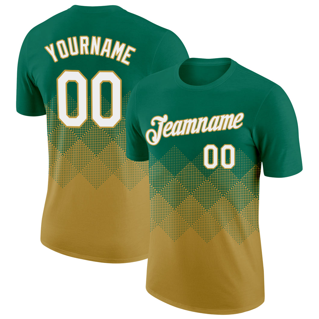 Custom Kelly Green White-Old Gold 3D Pattern Design Gradient Square Shapes Performance T-Shirt