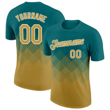 Laden Sie das Bild in den Galerie-Viewer, Custom Teal Old Gold-White 3D Pattern Design Gradient Square Shapes Performance T-Shirt
