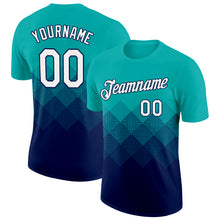 Charger l&#39;image dans la galerie, Custom Aqua White-Navy 3D Pattern Design Gradient Square Shapes Performance T-Shirt
