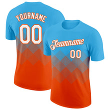 Laden Sie das Bild in den Galerie-Viewer, Custom Sky Blue White-Orange 3D Pattern Design Gradient Square Shapes Performance T-Shirt
