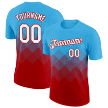 Load image into Gallery viewer, Custom Sky Blue White-Red 3D Pattern Design Gradient Square Shapes Performance T-Shirt
